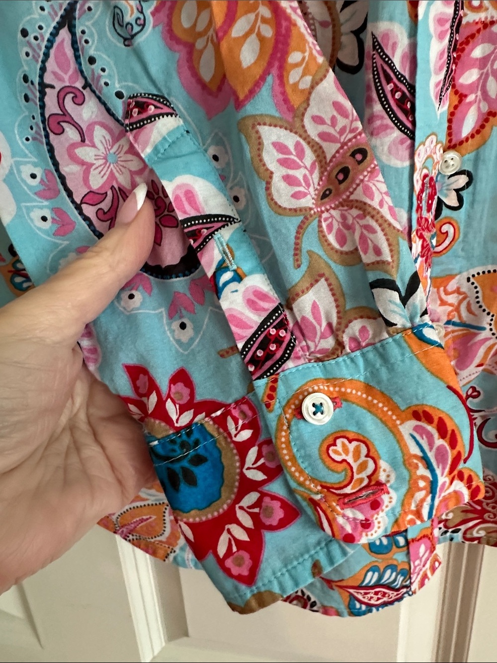 Talbots Turquoise Paisley Button-Down Shirt with Multi-Color Floral Motif - Picture 3 of 5